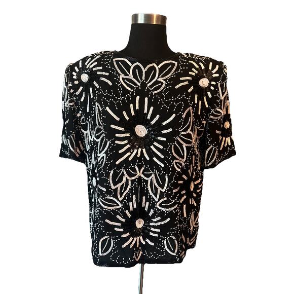 Stenay Tops - Vintage 80's Stenay 100% Silk Black &White Floral Beaded Sequin Top Blouse